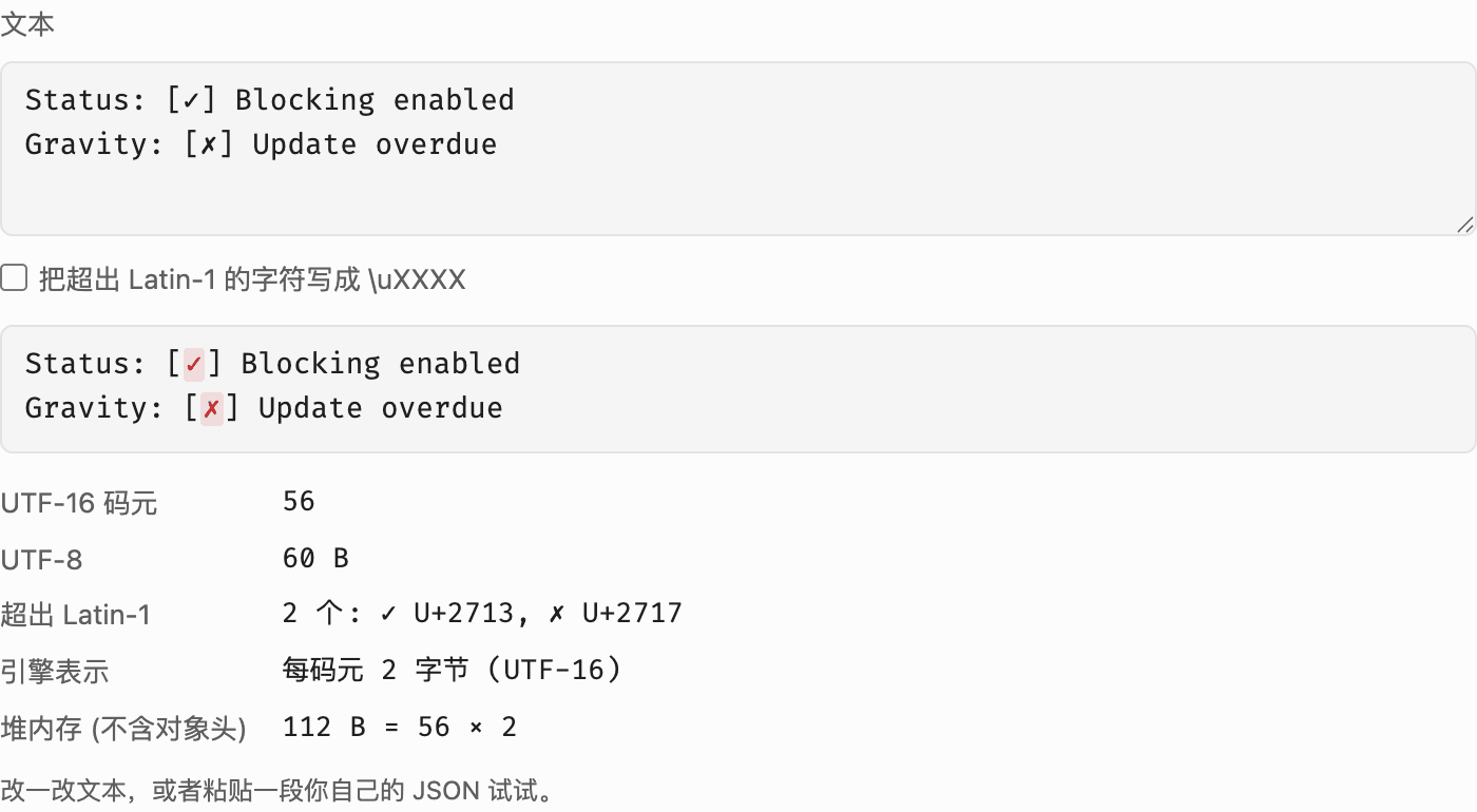Paste text to see characters above Latin-1 and the estimated heap size