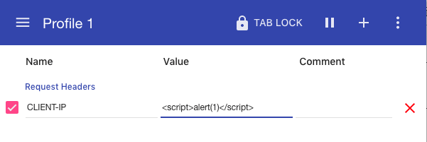 ModHeader request header: CLIENT-IP set to XSS payload script alert(1)