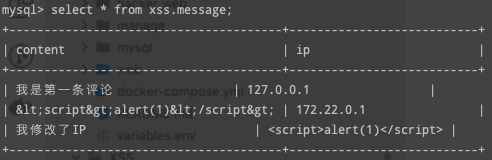 xss.message query result: XSS payload stored unescaped after a forged IP